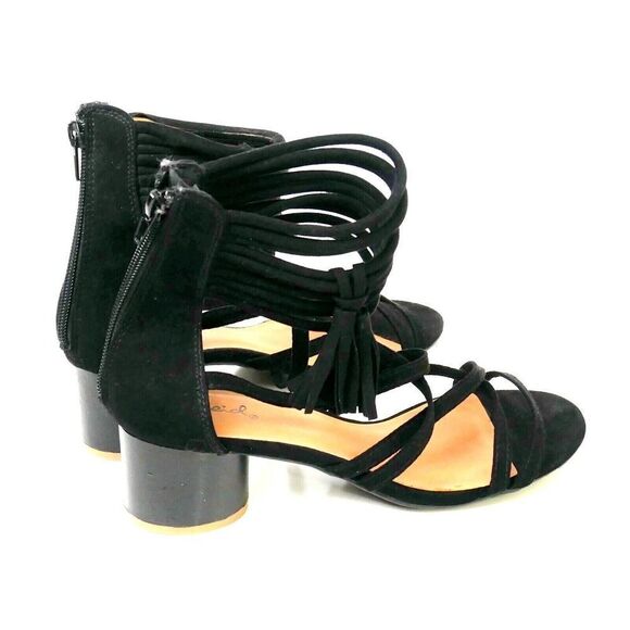 Qupid BLACK MAN MADE SUEDE LEATHER STRAPPY TASSEL ZIP BACK 2"HEEL SLINGBACK 7 US - Picture 2 of 8